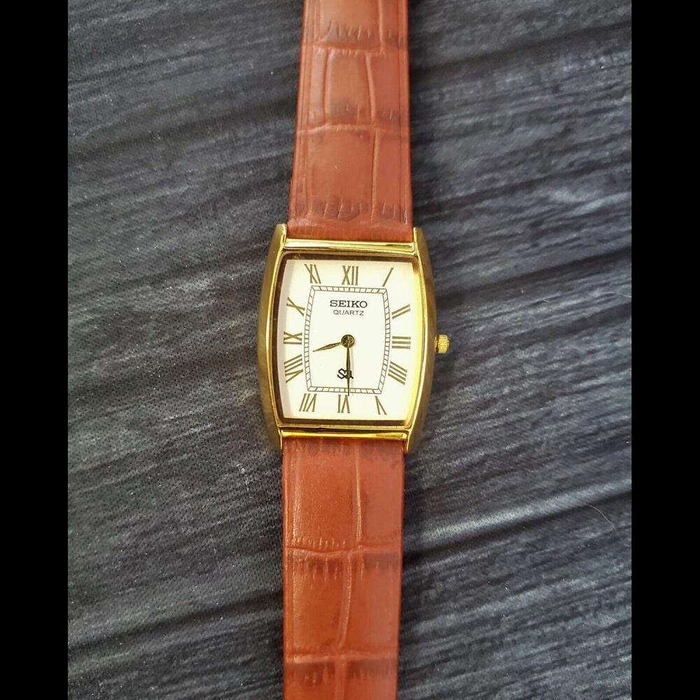 Rare Mens Slim Seiko Gold Barrel Tank White Roman Dial Watch‎ New Mvt & B…